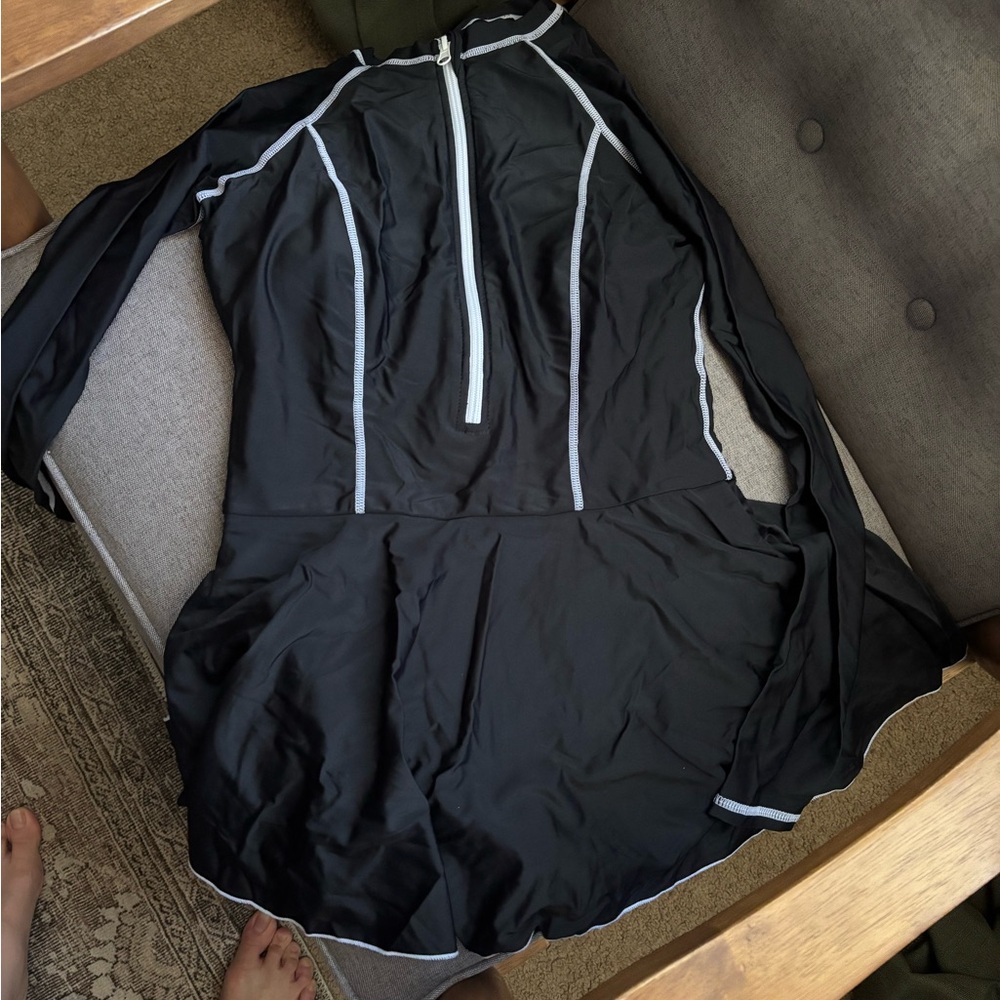 Women’s Black Long-Sleeve Swim Coverup with White Piping